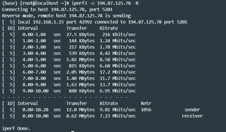 iperf3 下载速度测试截图