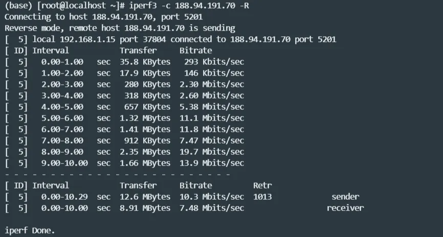 iperf3 下载速度测试截图